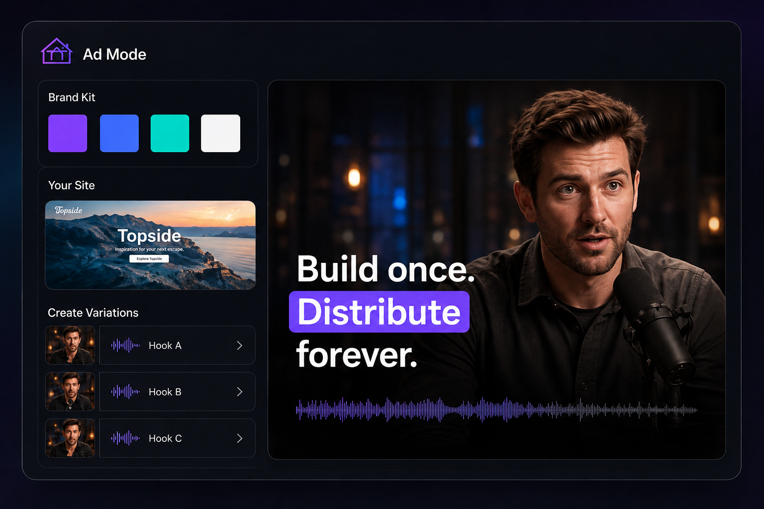 Ad Mode panel with brand kit colors and A/B hook variations